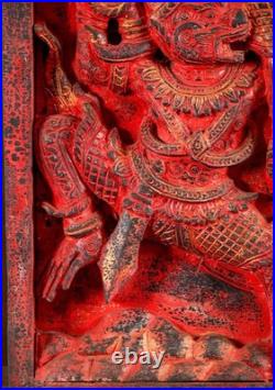 Rama Hanuman Cambodian Wood Panel Relief Red Finish Archer Dual Figure Motif 25