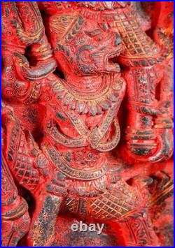 Rama Hanuman Cambodian Wood Panel Relief Red Finish Archer Dual Figure Motif 25 Rama Hanuman Cambodian Wood Panel Relief Red Finish Archer Dual Figure Motif 25