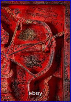 Rama Hanuman Cambodian Wood Panel Relief Red Finish Archer Dual Figure Motif 25
