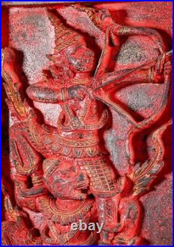 Rama Hanuman Cambodian Wood Panel Relief Red Finish Archer Dual Figure Motif 25 Rama Hanuman Cambodian Wood Panel Relief Red Finish Archer Dual Figure Motif 25
