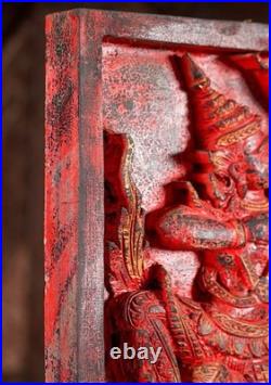 Rama Hanuman Cambodian Wood Panel Relief Red Finish Archer Dual Figure Motif 25