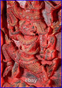 Rama Hanuman Cambodian Wood Panel Relief Red Finish Archer Dual Figure Motif 25