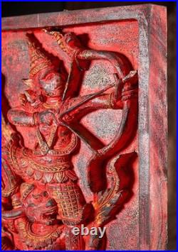 Rama Hanuman Cambodian Wood Panel Relief Red Finish Archer Dual Figure Motif 25