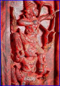 Rama Hanuman Cambodian Wood Panel Relief Red Finish Archer Dual Figure Motif 25