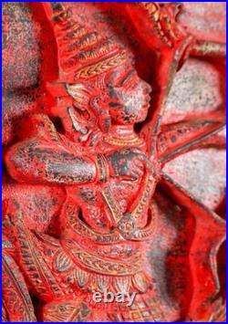 Rama Hanuman Cambodian Wood Panel Relief Red Finish Archer Dual Figure Motif 25