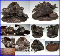 Rare 1800s Carved Black Forest Sculpture, Cock Fight with Basket, Cigar or Cache