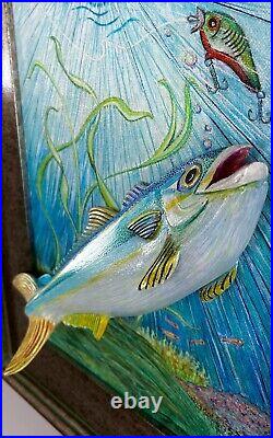 Rare Carved Tupelo Wood Gulf of Mexico Rainbow Runner Fish 3-D framed Painting
