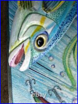 Rare Carved Tupelo Wood Gulf of Mexico Rainbow Runner Fish 3-D framed Painting