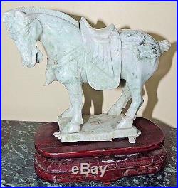 Rare Chinese Hand-Carved Jade Stone Sculpture of a Horse on a Wood Pedestal