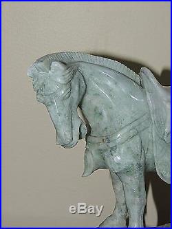 Rare Chinese Hand-Carved Jade Stone Sculpture of a Horse on a Wood Pedestal