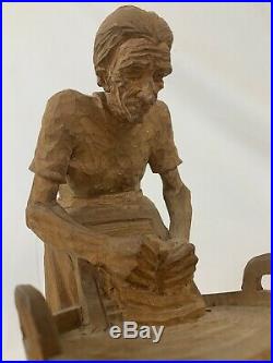 Rare EMIL JANEL Wood Carving Sculpture of Washing Woman Master Woodworker Signed