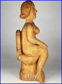 Rare Fine Sensitive Caganer Polychrome wood Carving Figural Seated Woman