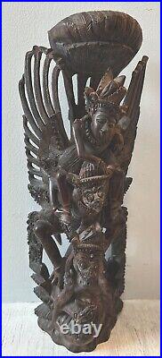 Rare Hardwood Carving of Vishnu Riding Garuda Fighting Naga Snake Indonesian Art