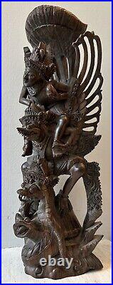 Rare Hardwood Carving of Vishnu Riding Garuda Fighting Naga Snake Indonesian Art