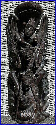 Rare Hardwood Carving of Vishnu Riding Garuda Fighting Naga Snake Indonesian Art