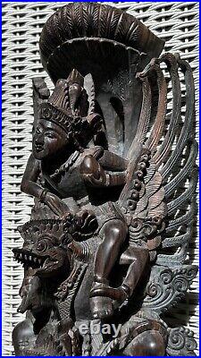 Rare Hardwood Carving of Vishnu Riding Garuda Fighting Naga Snake Indonesian Art