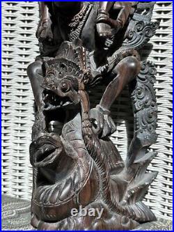 Rare Hardwood Carving of Vishnu Riding Garuda Fighting Naga Snake Indonesian Art