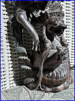 Rare Hardwood Carving of Vishnu Riding Garuda Fighting Naga Snake Indonesian Art