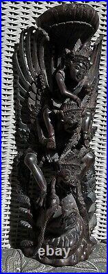 Rare Hardwood Carving of Vishnu Riding Garuda Fighting Naga Snake Indonesian Art