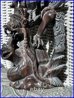 Rare Hardwood Carving of Vishnu Riding Garuda Fighting Naga Snake Indonesian Art