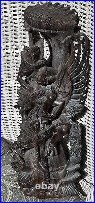 Rare Hardwood Carving of Vishnu Riding Garuda Fighting Naga Snake Indonesian Art