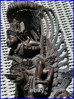 Rare Hardwood Carving of Vishnu Riding Garuda Fighting Naga Snake Indonesian Art