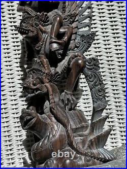 Rare Hardwood Carving of Vishnu Riding Garuda Fighting Naga Snake Indonesian Art