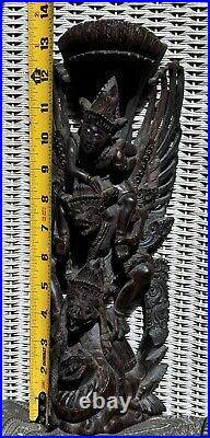 Rare Hardwood Carving of Vishnu Riding Garuda Fighting Naga Snake Indonesian Art