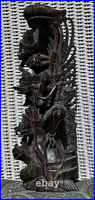 Rare Hardwood Carving of Vishnu Riding Garuda Fighting Naga Snake Indonesian Art