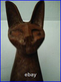 Rare Matching Set of Two MCM Hand Carved Cat Sculptures in Teak Wood 20in Large