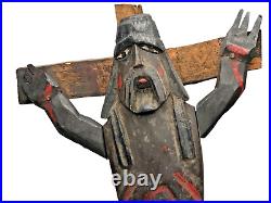 Rare Vtg Carved Wood Santos Jesus Crucifix Cross Guatemala Folk Art Primitive