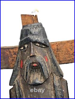 Rare Vtg Carved Wood Santos Jesus Crucifix Cross Guatemala Folk Art Primitive