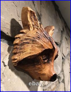 Richard Vest 1985 Raccoon Head Alder Wood Carved Wall Sculpture