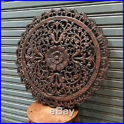 Round 23-inch Teak Wood Wall Panel Carved Brown Floral Asian/Oriental Home Decor