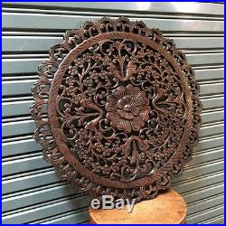 Round 23-inch Teak Wood Wall Panel Carved Brown Floral Asian/Oriental Home Decor