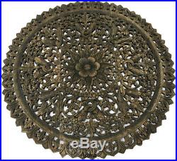 Round Wood Carved Wall Art Panels. Large Asian Wood Wall Decor. Black Wash, 36