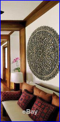 Round Wood Carved Wall Art Panels. Large Asian Wood Wall Decor. Black Wash, 36