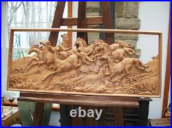 Running Horses, Mustangs, Ponies in open wood, sculpture, carving, baso relief
