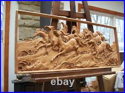 Running Horses, Mustangs, Ponies in open wood, sculpture, carving, baso relief