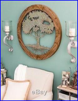 Rustic Carved Wood & Distressed Metal Round Tree of Life Home Lodge Wall Decor