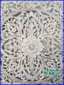 Rustic Elegant Square White Washed Carved Wood Scroll Lacework Wall Panel Art