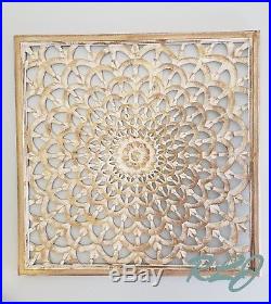 Rustic Square White-Washed Carved Wood Scroll Lacework Wall Panel Home Decor