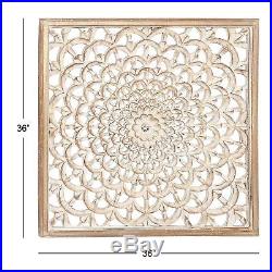 Rustic Square White-Washed Carved Wood Scroll Lacework Wall Panel Home Decor