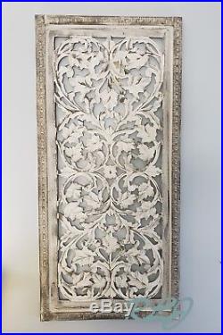 Rustic Tuscan Shabby Chic White-Washed Carved Wood Wall Art Panel Plaque Decor