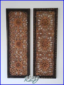 Rustic Vintage Elegant Brown Carved Wood Floral Scrollwork Set/2 Wall Art Panels