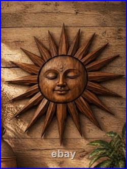 Rustic Wooden Sunburst Sculpture Hand Carved Teak Sun Face Wall Art Spiritual