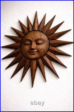 Rustic Wooden Sunburst Sculpture Hand Carved Teak Sun Face Wall Art Spiritual
