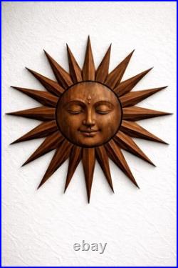 Rustic Wooden Sunburst Sculpture Hand Carved Teak Sun Face Wall Art Spiritual