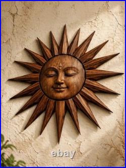 Rustic Wooden Sunburst Sculpture Hand Carved Teak Sun Face Wall Art Spiritual