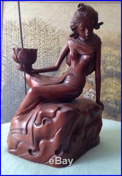 SIGNED Hand-Carved Large Wood Sculpture Female with Lotus Flower Bali Indonesia